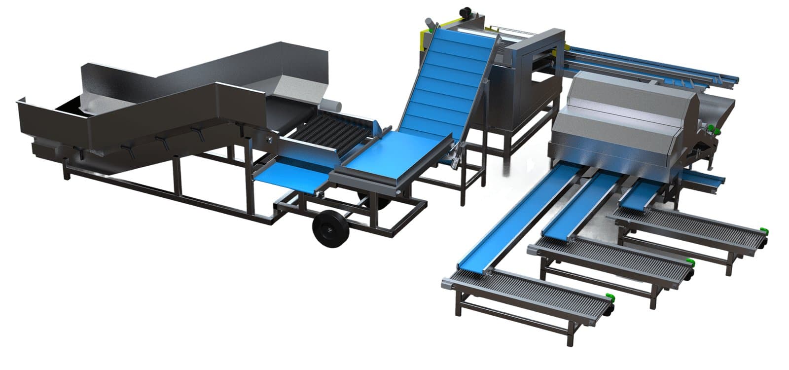 Agrograde Vector AI optical sorting line with feed hopper, elevator, vision unit and exit conveyors (maker render)