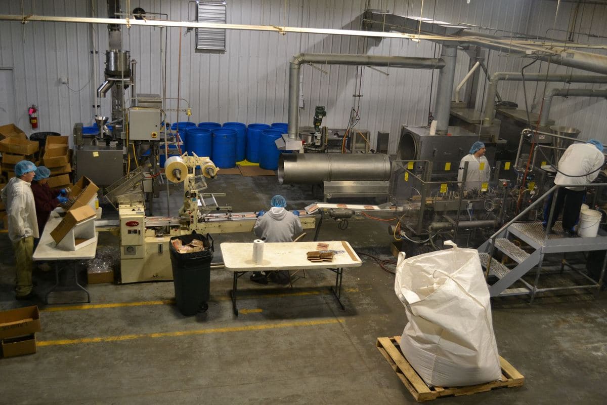 Food processing plant floor with processing and packing equipment